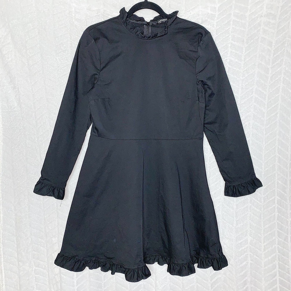 Zara Woman Dress Ruffled Trim A-Line Long Sleeve Round Neck Black Size - M